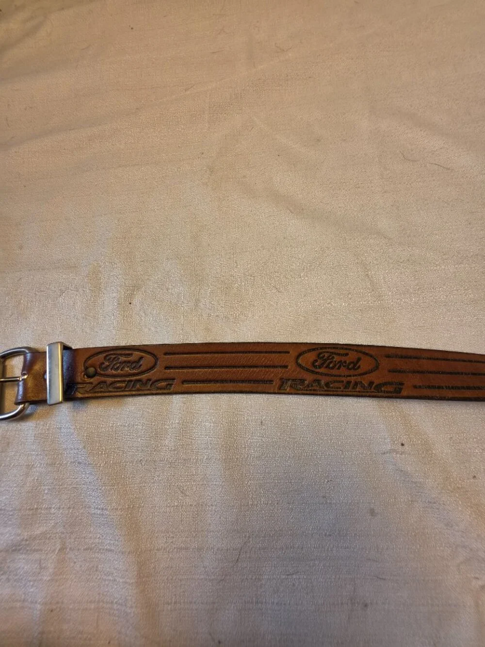 Hand-tooled Genuine Leather Ford Racing Belt with Silver Tone Buckle